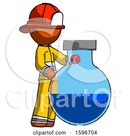 Orange Firefighter Fireman Man Standing Beside Large Round Flask or Beaker by Leo Blanchette