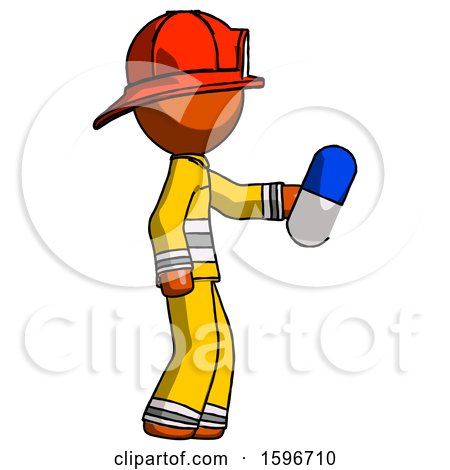 Orange Firefighter Fireman Man Holding Blue Pill Walking to Right by Leo Blanchette