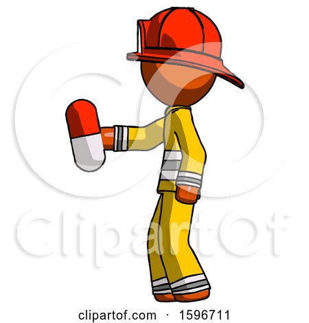 Orange Firefighter Fireman Man Holding Red Pill Walking to Left by Leo Blanchette