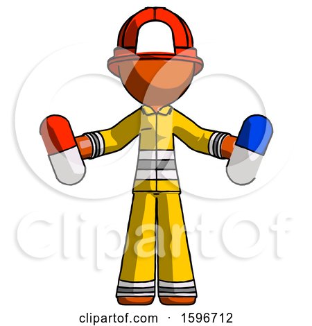 Orange Firefighter Fireman Man Holding a Red Pill and Blue Pill by Leo Blanchette