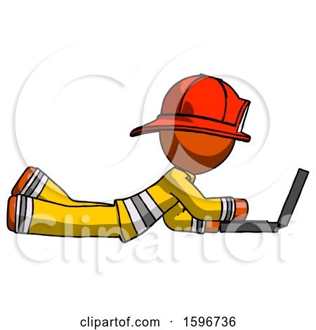 Orange Firefighter Fireman Man Using Laptop Computer While Lying on Floor Side View by Leo Blanchette