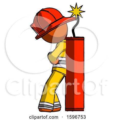 Orange Firefighter Fireman Man Leaning Against Dynimate, Large Stick Ready to Blow by Leo Blanchette