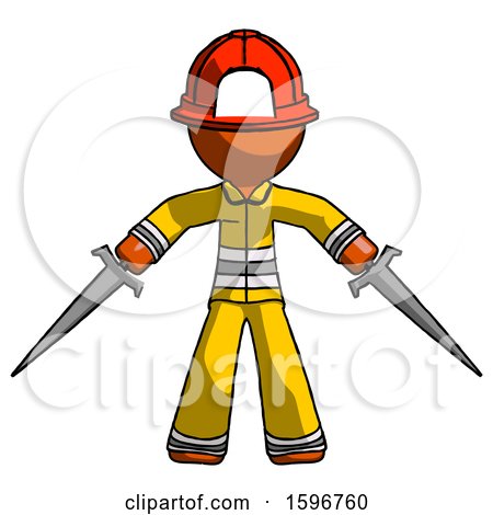 Orange Firefighter Fireman Man Two Sword Defense Pose by Leo Blanchette