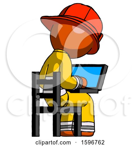 Orange Firefighter Fireman Man Using Laptop Computer While Sitting in Chair View from Back by Leo Blanchette