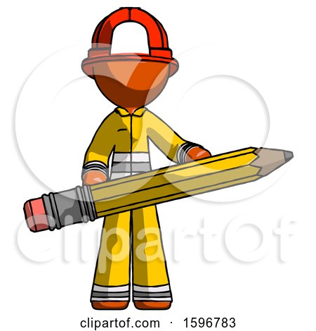 Orange Firefighter Fireman Man Writer or Blogger Holding Large Pencil by Leo Blanchette