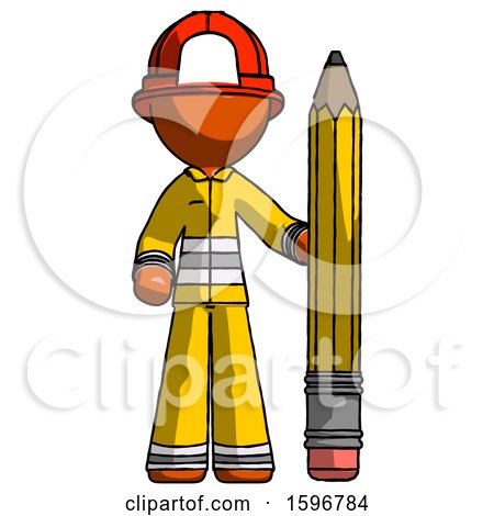 Orange Firefighter Fireman Man with Large Pencil Standing Ready to Write by Leo Blanchette