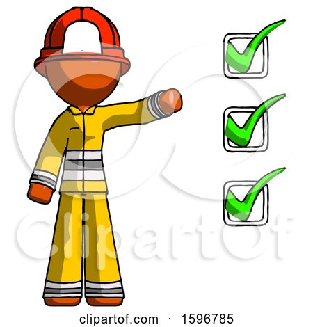Orange Firefighter Fireman Man Standing by List of Checkmarks by Leo Blanchette