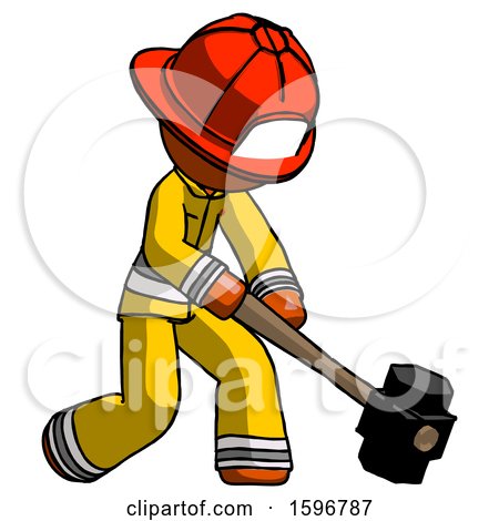 Orange Firefighter Fireman Man Hitting with Sledgehammer, or Smashing Something at Angle by Leo Blanchette