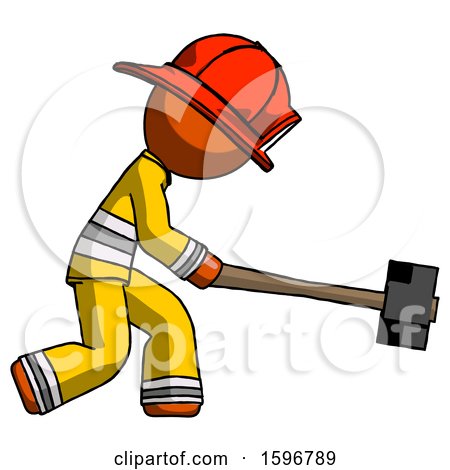 Orange Firefighter Fireman Man Hitting with Sledgehammer, or Smashing Something by Leo Blanchette