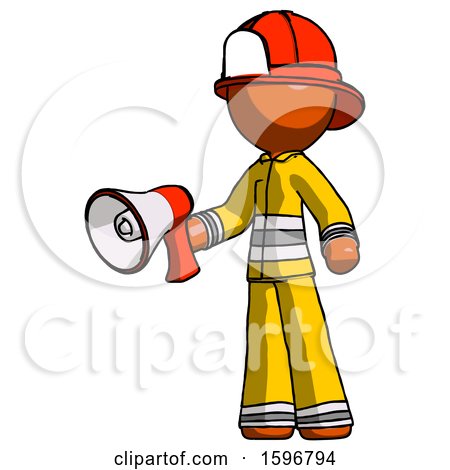 Orange Firefighter Fireman Man Holding Megaphone Bullhorn Facing Right by Leo Blanchette