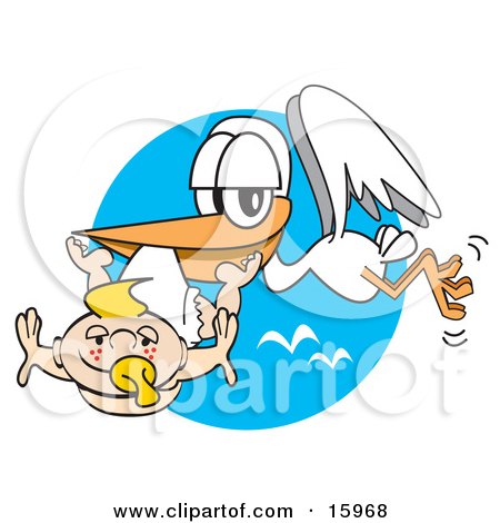 White Stork Carrying A Cute Blond Freckled Baby With A Pacifier In Its Mouth Clipart Illustration by Andy Nortnik