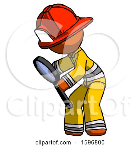 Orange Firefighter Fireman Man Inspecting with Large Magnifying Glass Left by Leo Blanchette