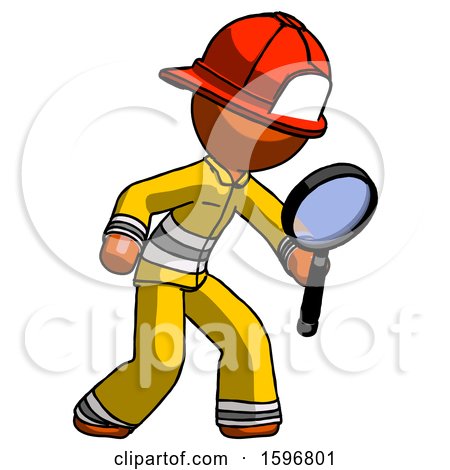 Orange Firefighter Fireman Man Inspecting with Large Magnifying Glass Right by Leo Blanchette