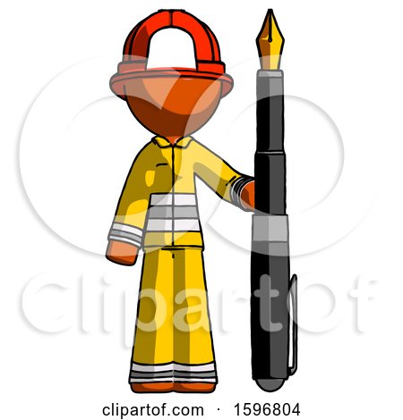 Orange Firefighter Fireman Man Holding Giant Calligraphy Pen by Leo Blanchette