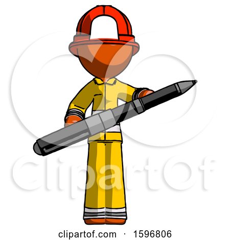 Orange Firefighter Fireman Man Posing Confidently with Giant Pen by Leo Blanchette