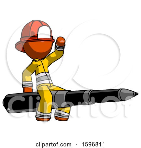 Orange Firefighter Fireman Man Riding a Pen like a Giant Rocket by Leo Blanchette
