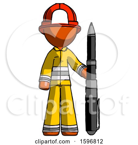 Orange Firefighter Fireman Man Holding Large Pen by Leo Blanchette