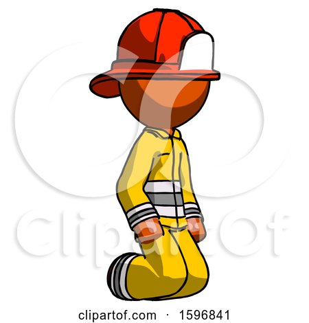 Orange Firefighter Fireman Man Kneeling Angle View Right by Leo Blanchette