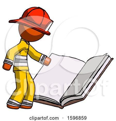 Orange Firefighter Fireman Man Reading Big Book While Standing Beside It by Leo Blanchette