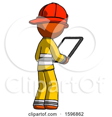 Orange Firefighter Fireman Man Looking at Tablet Device Computer Facing Away by Leo Blanchette