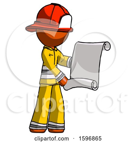 Orange Firefighter Fireman Man Holding Blueprints or Scroll by Leo Blanchette