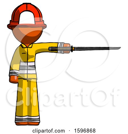 Orange Firefighter Fireman Man Standing with Ninja Sword Katana Pointing Right by Leo Blanchette