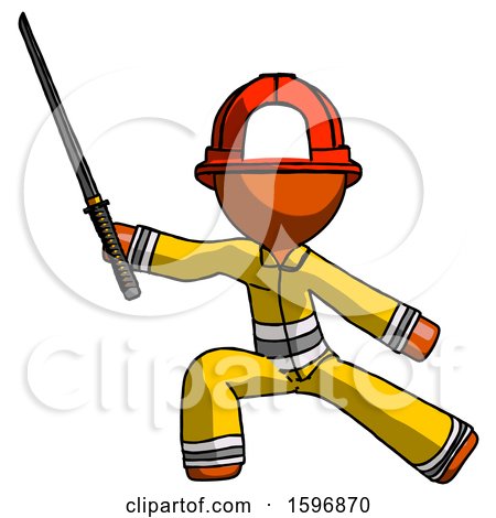 Orange Firefighter Fireman Man with Ninja Sword Katana in Defense Pose by Leo Blanchette