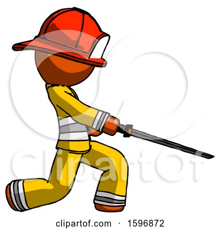 Orange Firefighter Fireman Man with Ninja Sword Katana Slicing or Striking Something by Leo Blanchette