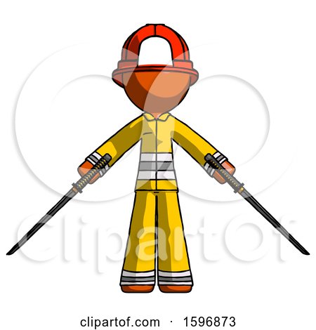 Orange Firefighter Fireman Man Posing with Two Ninja Sword Katanas by Leo Blanchette