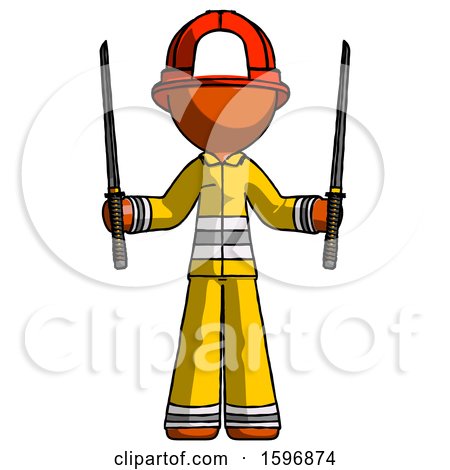 Orange Firefighter Fireman Man Posing with Two Ninja Sword Katanas up by Leo Blanchette