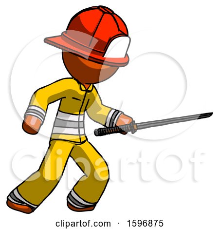 Orange Firefighter Fireman Man Stabbing with Ninja Sword Katana by Leo Blanchette