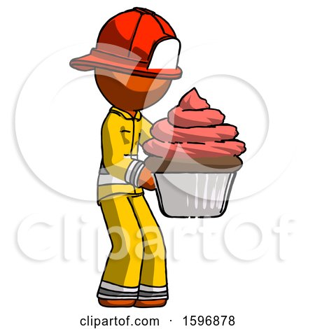 Orange Firefighter Fireman Man Holding Large Cupcake Ready to Eat or Serve by Leo Blanchette