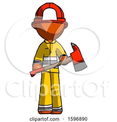 Orange Firefighter Fireman Man Holding Red Fire Fighter's Ax by Leo Blanchette