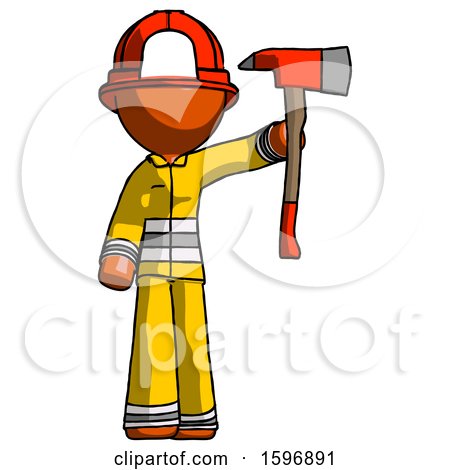 Orange Firefighter Fireman Man Holding up Red Firefighter's Ax by Leo Blanchette