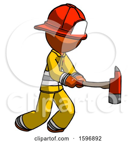 Orange Firefighter Fireman Man with Ax Hitting, Striking, or Chopping by Leo Blanchette