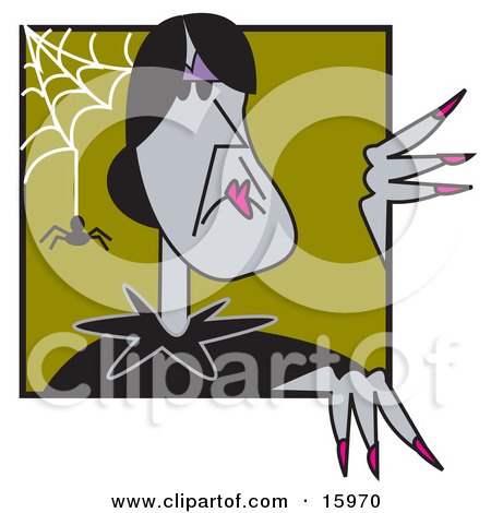 Old Gray Witch With Black Hair, Peeking Around A Corner With A Spider And Web Clipart Illustration by Andy Nortnik