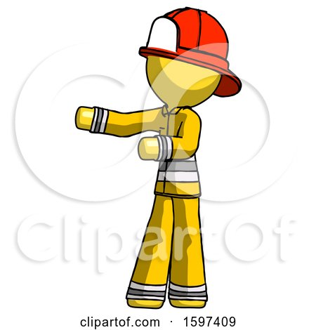Yellow Firefighter Fireman Man Presenting Something to His Right by Leo Blanchette