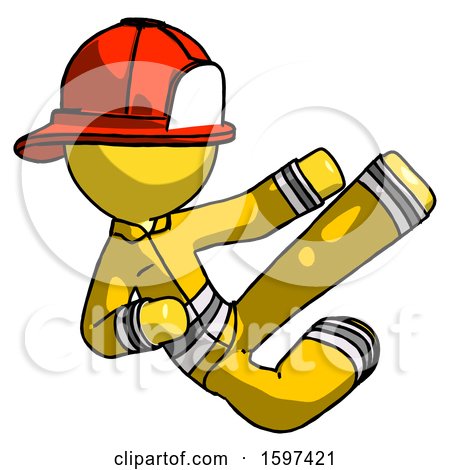 Yellow Firefighter Fireman Man Flying Ninja Kick Right by Leo Blanchette