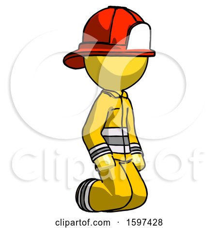 Yellow Firefighter Fireman Man Kneeling Angle View Right by Leo Blanchette