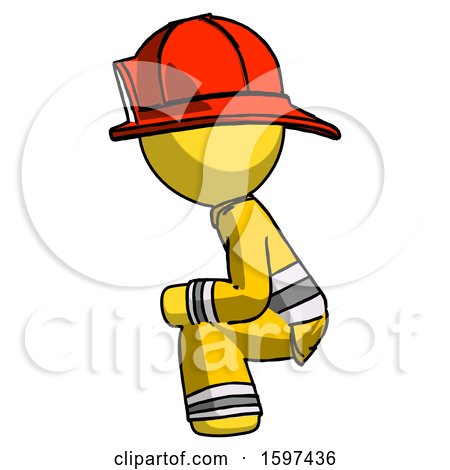 Yellow Firefighter Fireman Man Squatting Facing Left by Leo Blanchette