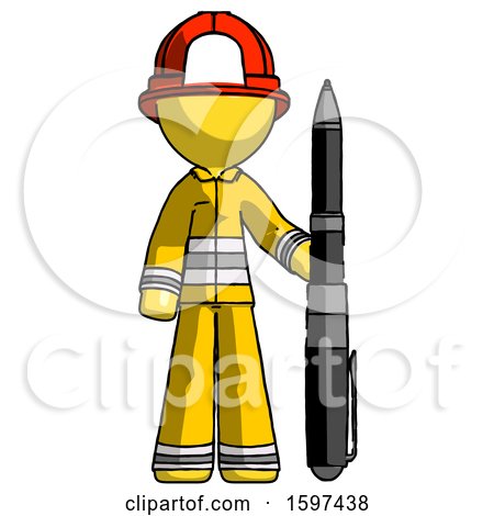 Yellow Firefighter Fireman Man Holding Large Pen by Leo Blanchette