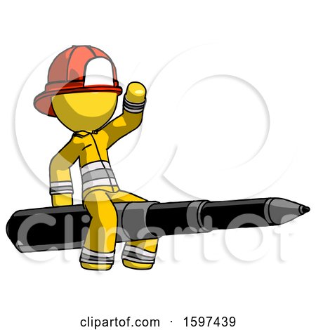 Yellow Firefighter Fireman Man Riding a Pen like a Giant Rocket by Leo Blanchette