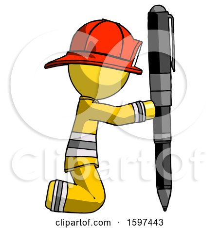 Yellow Firefighter Fireman Man Posing with Giant Pen in Powerful yet Awkward Manner. by Leo Blanchette