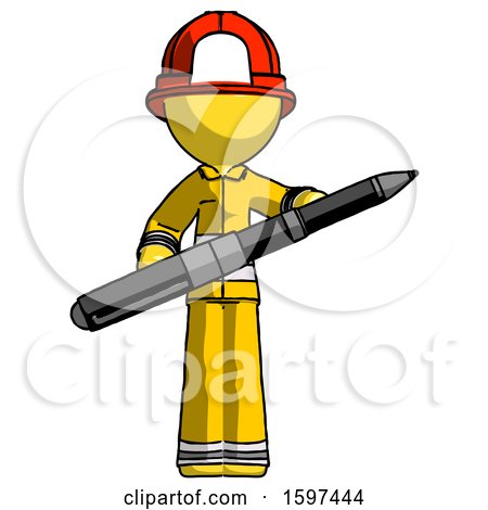 Yellow Firefighter Fireman Man Posing Confidently with Giant Pen by Leo Blanchette