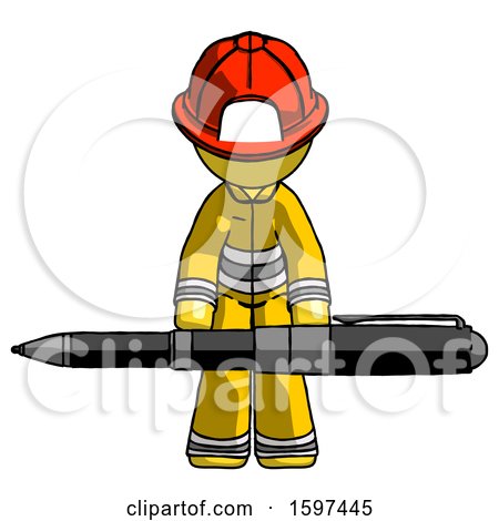 Yellow Firefighter Fireman Man Weightlifting a Giant Pen by Leo Blanchette