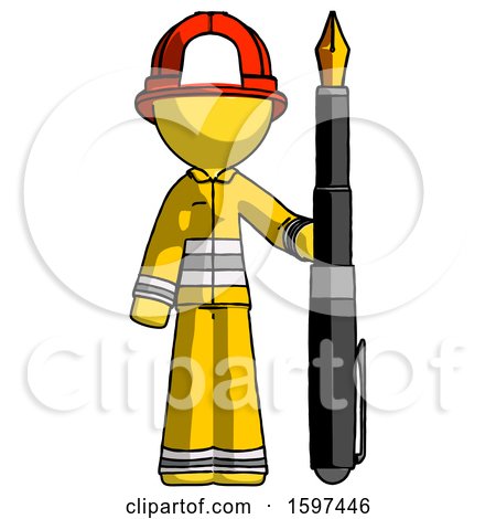 Yellow Firefighter Fireman Man Holding Giant Calligraphy Pen by Leo Blanchette