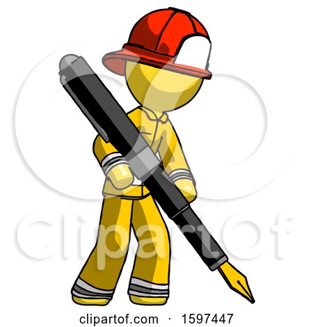 Yellow Firefighter Fireman Man Drawing or Writing with Large Calligraphy Pen by Leo Blanchette