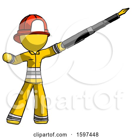 Yellow Firefighter Fireman Man Pen Is Mightier Than the Sword Calligraphy Pose by Leo Blanchette