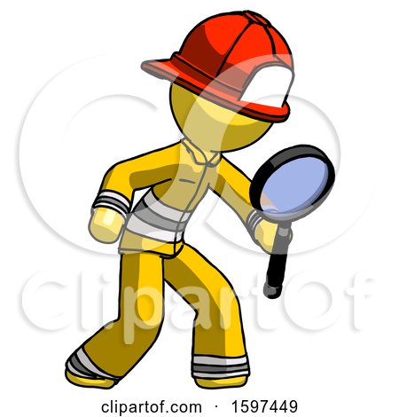 Yellow Firefighter Fireman Man Inspecting with Large Magnifying Glass Right by Leo Blanchette