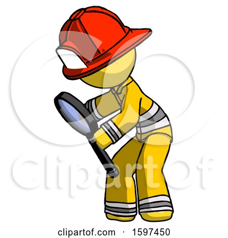 Yellow Firefighter Fireman Man Inspecting with Large Magnifying Glass Left by Leo Blanchette